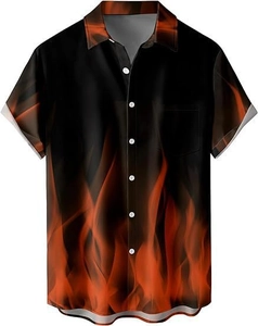 Detail of men's black short sleeve shirt with vibrant red and orange flame prints