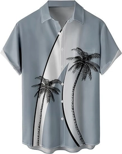 Close-up of Hawaiian shirt collar with grey-white splicing and black palm tree print