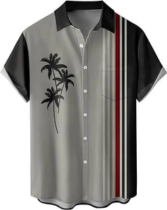 Detail view of breathable short sleeve shirt with palm tree print and vertical stripes