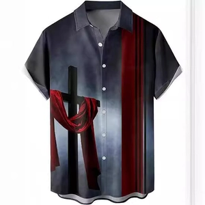 Men's short sleeve shirt with 3D digital cross and red stripe print, lapel style