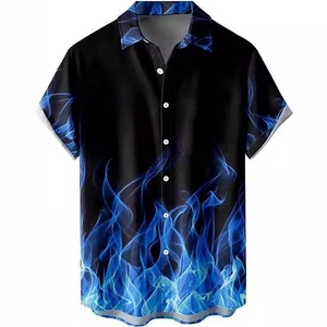 Men's Hawaiian short sleeve shirt with vibrant blue flame digital print on black fabric