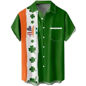 Men's St. Patrick's Day Hawaiian shirt with Irish flag tricolor and clover prints
