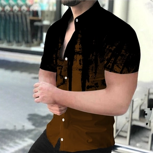 Detail of men's short sleeve shirt featuring retro black and brown gradient paint splatter print