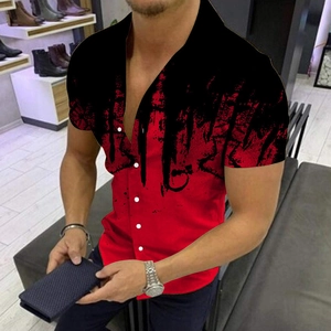 Detail view of red and black gradient splash ink 3D print on men's short sleeve casual shirt