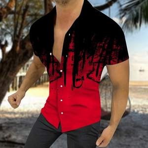 Close-up of red and black gradient splash ink 3D print on men's short sleeve casual shirt