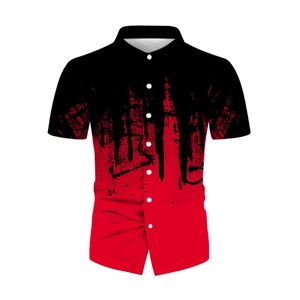 Detail of men's short sleeve shirt showing red and black gradient splash ink pattern