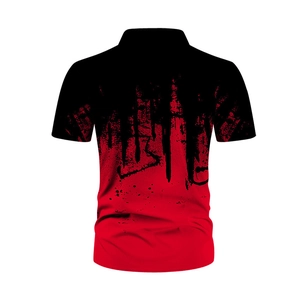 Detail of 3D gradient polo shirt featuring black and red ink splatter art patterns