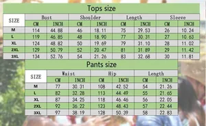 Detailed size chart for men's 3D print shirt set in sizes M to 3XL with CM/IN measurements