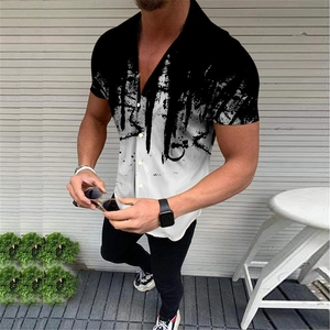 Men's short sleeve shirt with modern black and white ink splash 3D print design