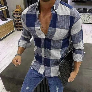 Men's casual slim fit long sleeve shirt featuring a blue and white checkered pattern