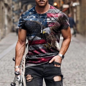Detail of 3D American flag eagle print on men's street style breathable crew neck t-shirt