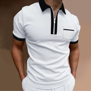Close-up of contrast zipper placket and chest pocket on men's slim fit polo shirt