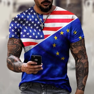 Men's 3D print T-shirt featuring diagonal USA and European Union flag designs
