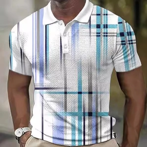 Men's white short sleeve Polo shirt with blue geometric 3D prints and modern three-button collar