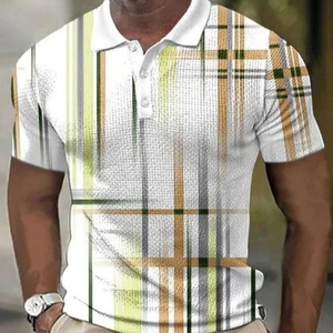 Men's short sleeve polo shirt with colorful 3D abstract plaid pattern and white collar