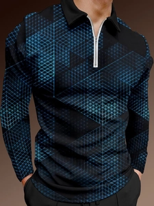 Détail du polo homme noir avec imprimé géométrique 3D bleu et col zippé en métal argenté