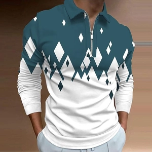 Polo homme à manches longues avec motifs géométriques en losanges sarcelle et blanc