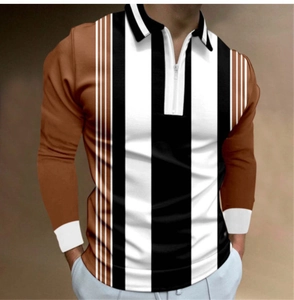Détail du polo à manches longues pour hommes avec rayures et col zippé contrasté
