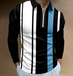 Détail du polo pour homme avec col zippé et rayures verticales bleues blanches et noires