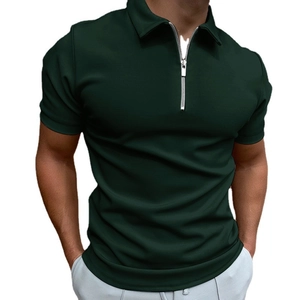 Men's dark green slim fit polo shirt with short sleeves and metal zipper collar