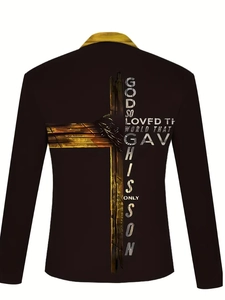 Détail de la croix et de l'imprimé religieux au dos du polo noir à manches longues pour hommes