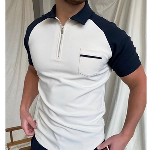 Men's 3D print polo shirt with zipper placket, contrast sleeves and chest pocket detail