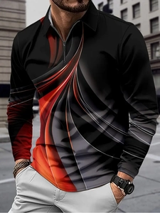Detail of men's long sleeve polo with red and white gradient abstract stripes and zipper