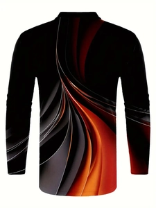 Detailed back view of men's polo shirt featuring 3D abstract orange and red digital prints