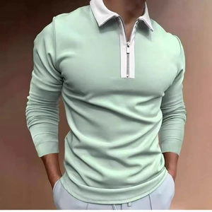 Polo da uomo a maniche lunghe verde menta con texture a coste 3D e colletto con zip