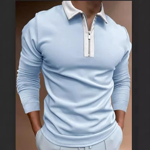 Polo da uomo a manica lunga azzurra con colletto bianco e mezza zip frontale