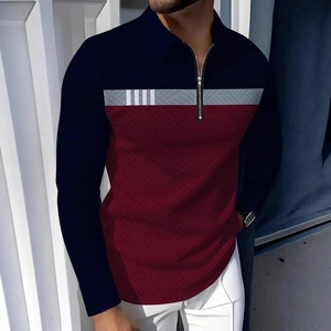 Polo à Manches Longues pour Hommes avec Fermeture Éclair et Revers en Polyester Respirant Imprimé Numérique Business Casual