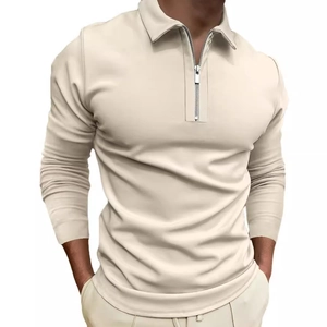 Polo da uomo beige a maniche lunghe vestibilità slim con mezza zip e trama del tessuto 3D