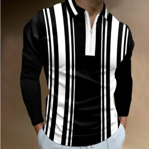 Polo à manches longues pour hommes avec rayures verticales noires et blanches et zip