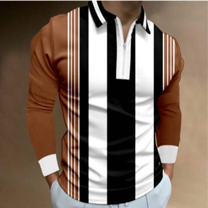 Polo homme à manches longues avec rayures verticales marron blanc et col zippé