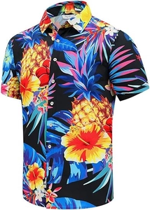 Detailed close-up of vibrant tropical pineapple and floral prints on black Hawaiian shirt
