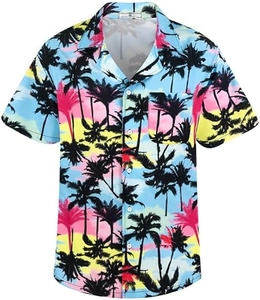 Detail of tropical Hawaiian shirt with vivid palm tree print and front chest pocket