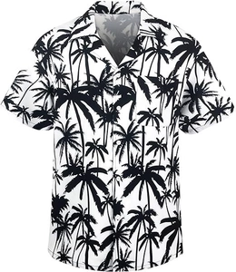 Close-up of classic Cuban collar and black palm tree print on white Hawaiian shirt