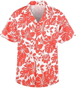 Close-up of red tropical hibiscus floral print on white summer Hawaiian shirt fabric