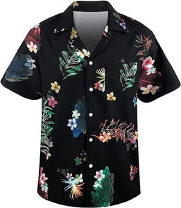 Detail view of tropical floral print on black Hawaiian shirt with Cuban collar and chest pocket
