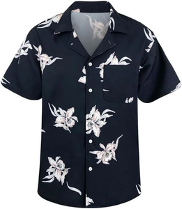 Detail of the navy blue Hawaiian shirt showing orchid print and white buttons