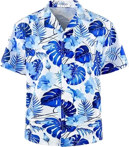 Detail view of tropical hibiscus and monstera prints on a men's summer shirt