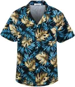 Detailed flat lay of tropical monstera leaf print on short sleeve summer Hawaiian shirt