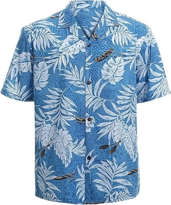 Detail view of tropical blue short sleeve Hawaiian shirt with white palm leaves and boat print