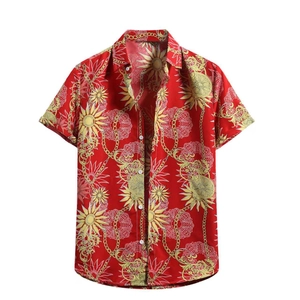 Red short sleeve shirt with gold Baroque floral patterns and vintage sun print