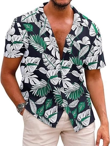 Detail of tropical plant print and chest pocket on short sleeve Hawaiian shirt for men