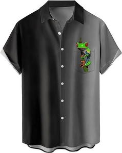 Detail of a 3D red-eyed tree frog print on a black and gray split short sleeve shirt