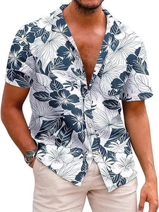 Close-up of tropical floral print and Cuban collar on blue and white Hawaiian shirt
