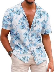 Close-up of tropical blue hibiscus print and chest pocket on men's summer shirt