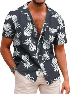 Detailed view of men's summer shirt with white pineapple print and functional chest pocket