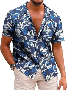 Detail of men's summer shirt showing tropical feather print and chest pocket detail